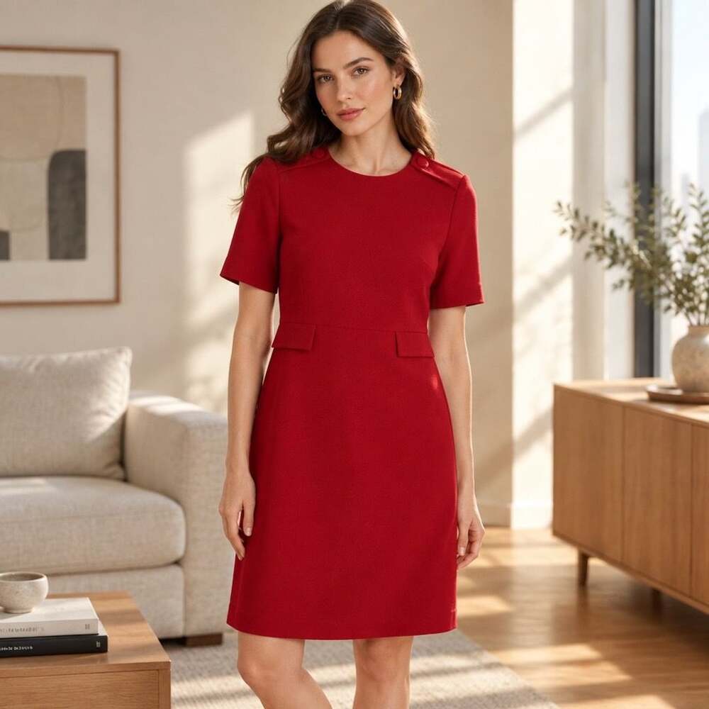 Tahari Arthur S. Levine Sheath Dress Size 14 Red Short Sleeve Work Business